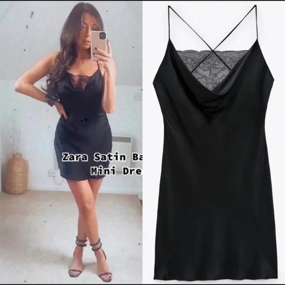 Zara Satin Mini Slip Dress with Lace - Picture 1 of 8